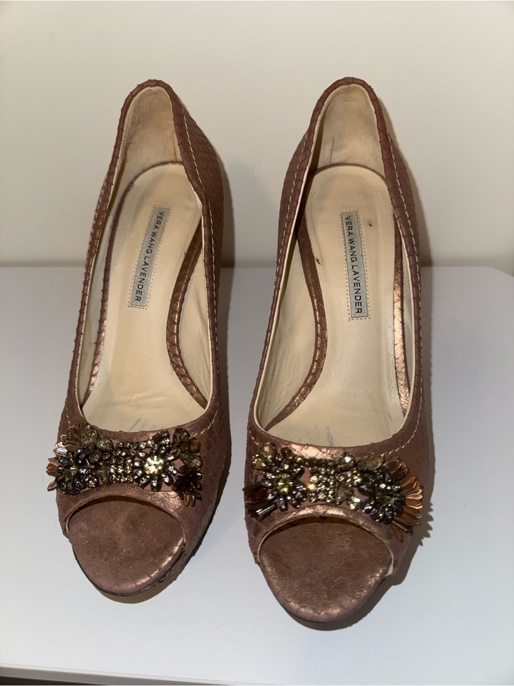 Vera Wang Metallic Brown Jeweled Peep-Toe Heels